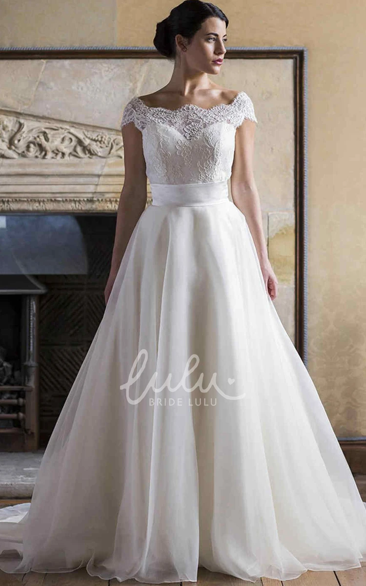 Long Lace and Tulle Wedding Dress with Cap-Sleeves and Bateau Neckline