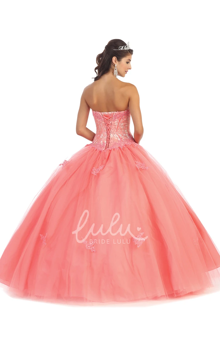 Tulle Satin Corset Back Sweetheart Ball Gown Dress with Appliques