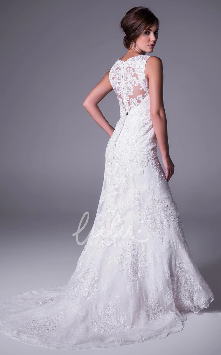 Illusion Long Wedding Dress with Scoop Neck and Appliqued Lace