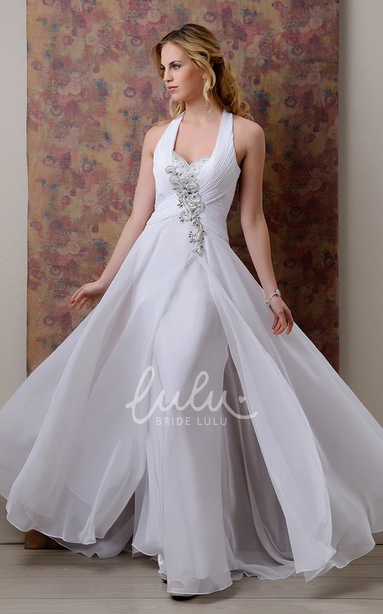 Chiffon Halter Wedding Dress with Ruching and Crystals A-Line