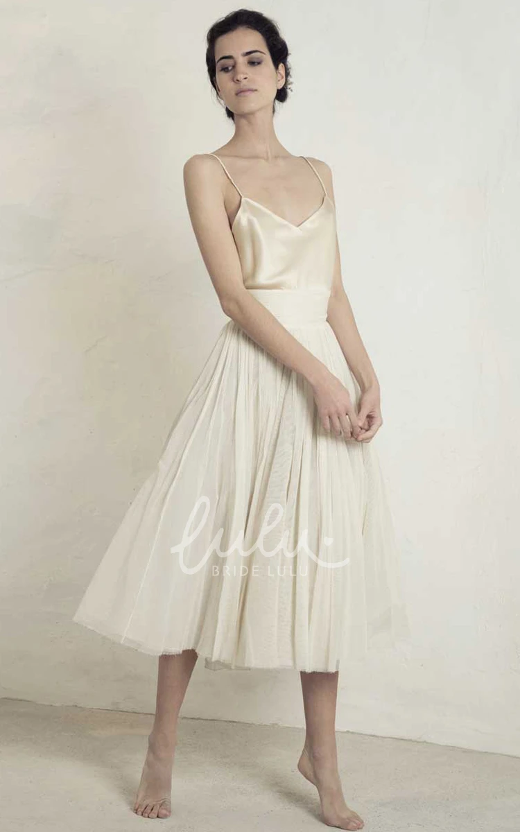 Satin A Line Tea-length Sleeveless Wedding Dress with Ruching Modern & Elegant