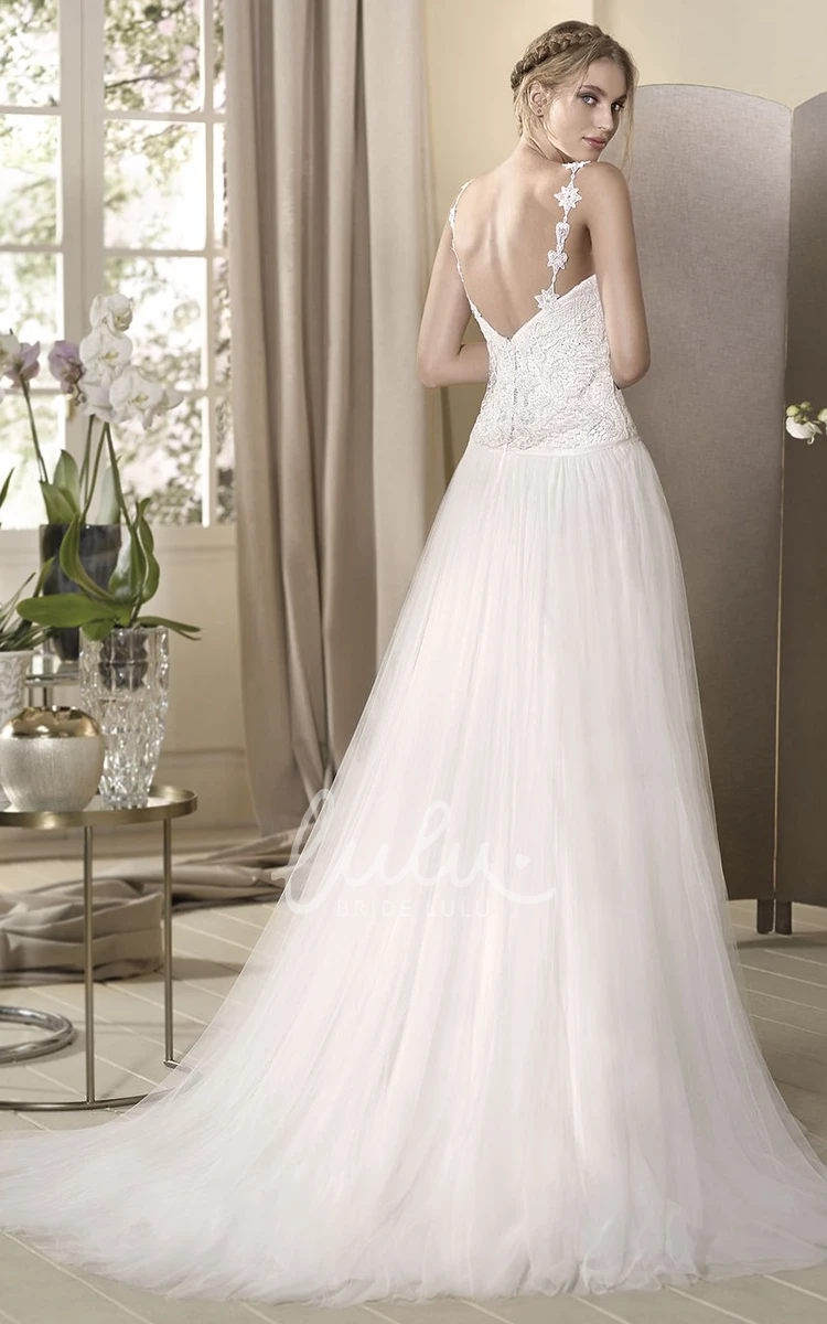 A-Line Sleeveless Tulle Wedding Dress with Appliques and Waist Jewelry