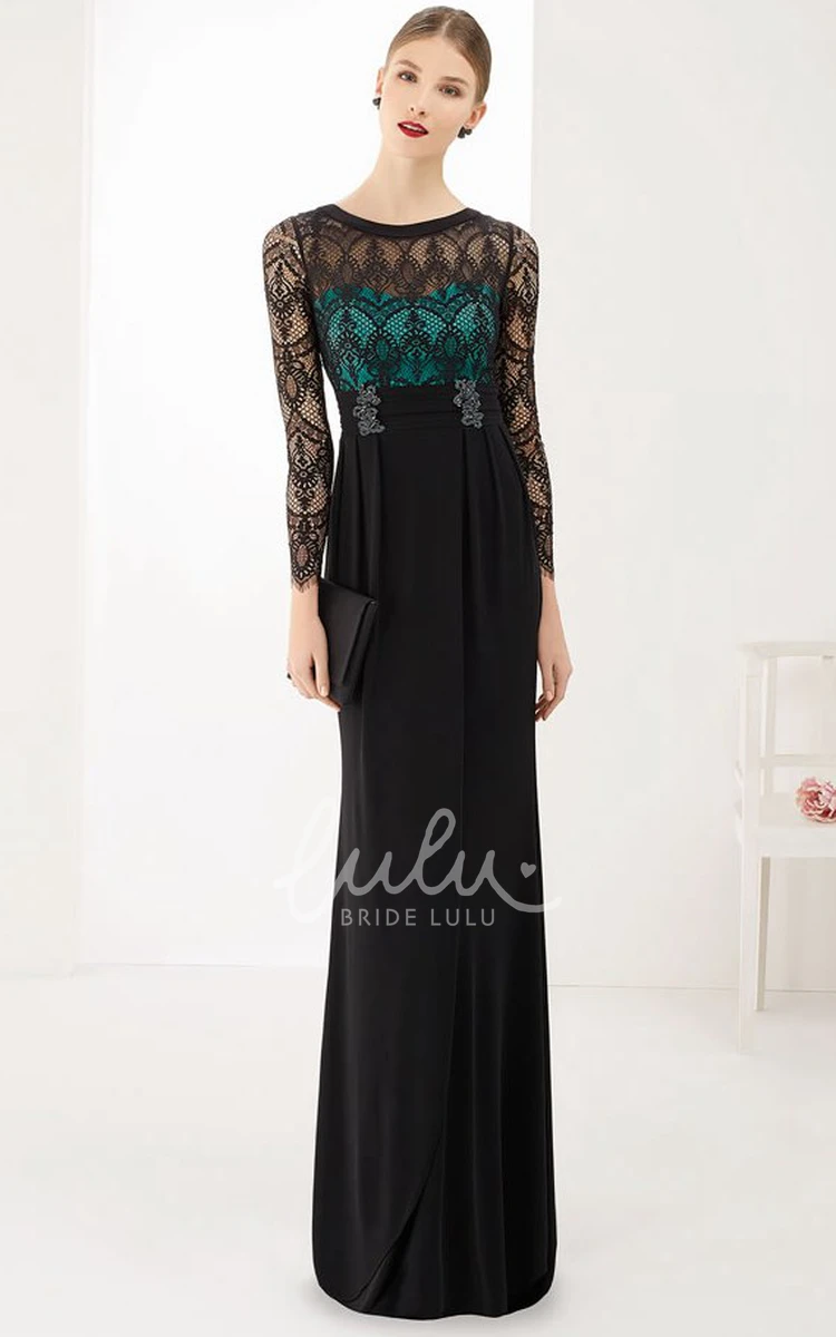 Lace Top Sheath Chiffon Prom Dress Long Sleeve Scoop Neck