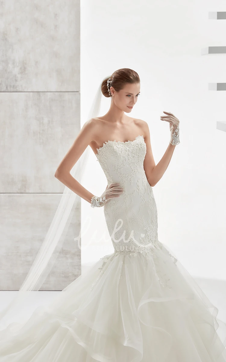 Mermaid Lace Applique Strapless Wedding Dress with Ruffled Train