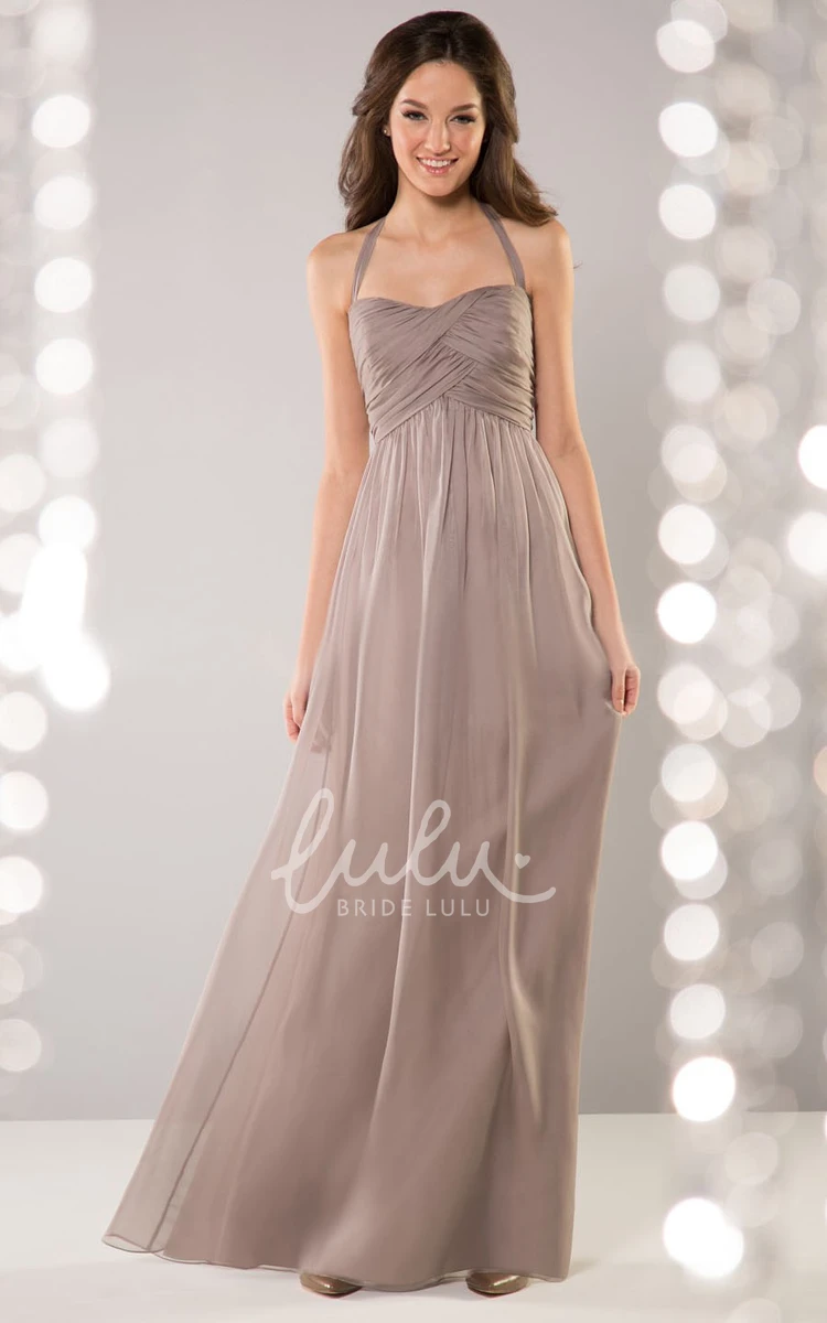 Floor-Length Bow Bridesmaid Dress with Halter and Ruching