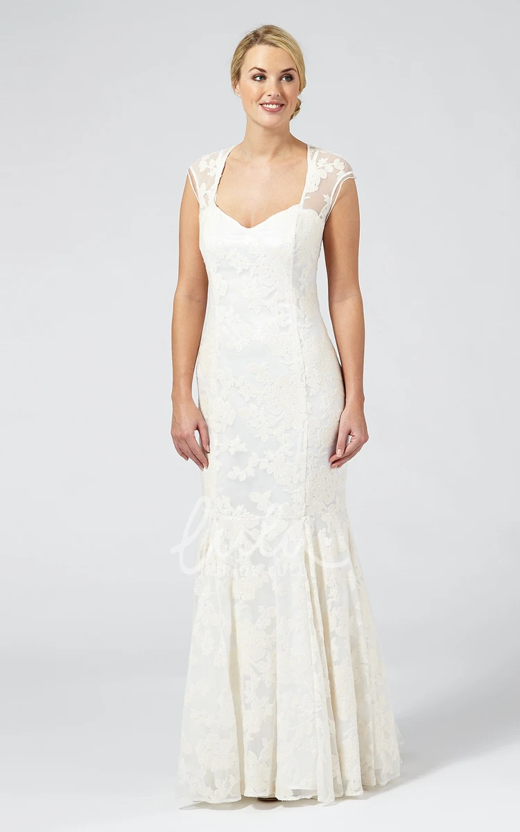 Appliqued Cap-Sleeve Sheath Wedding Dress Elegant Bridal Gown