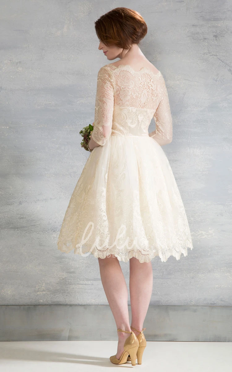 Lace Illusion Knee-Length Wedding Dress with Long Sleeves Elegant Bridal Dress