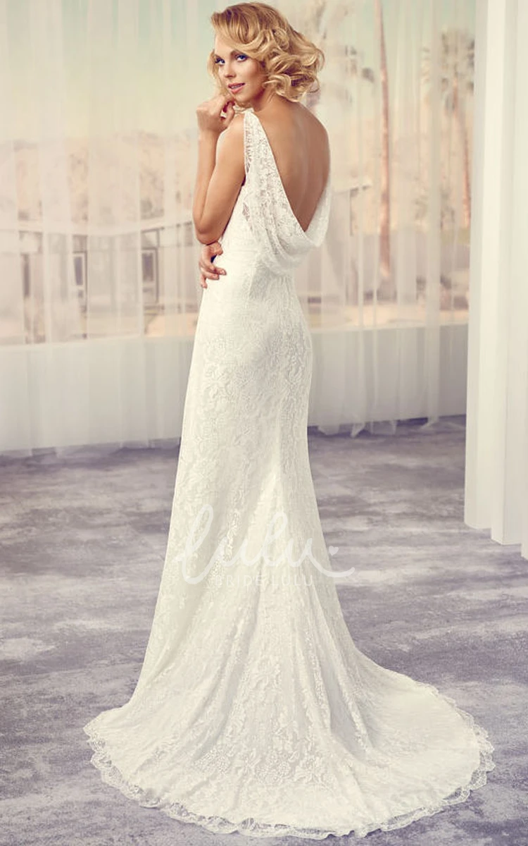 Jeweled Lace Wedding Dress with V-Back and Sweep Train Maxi Bateau Style