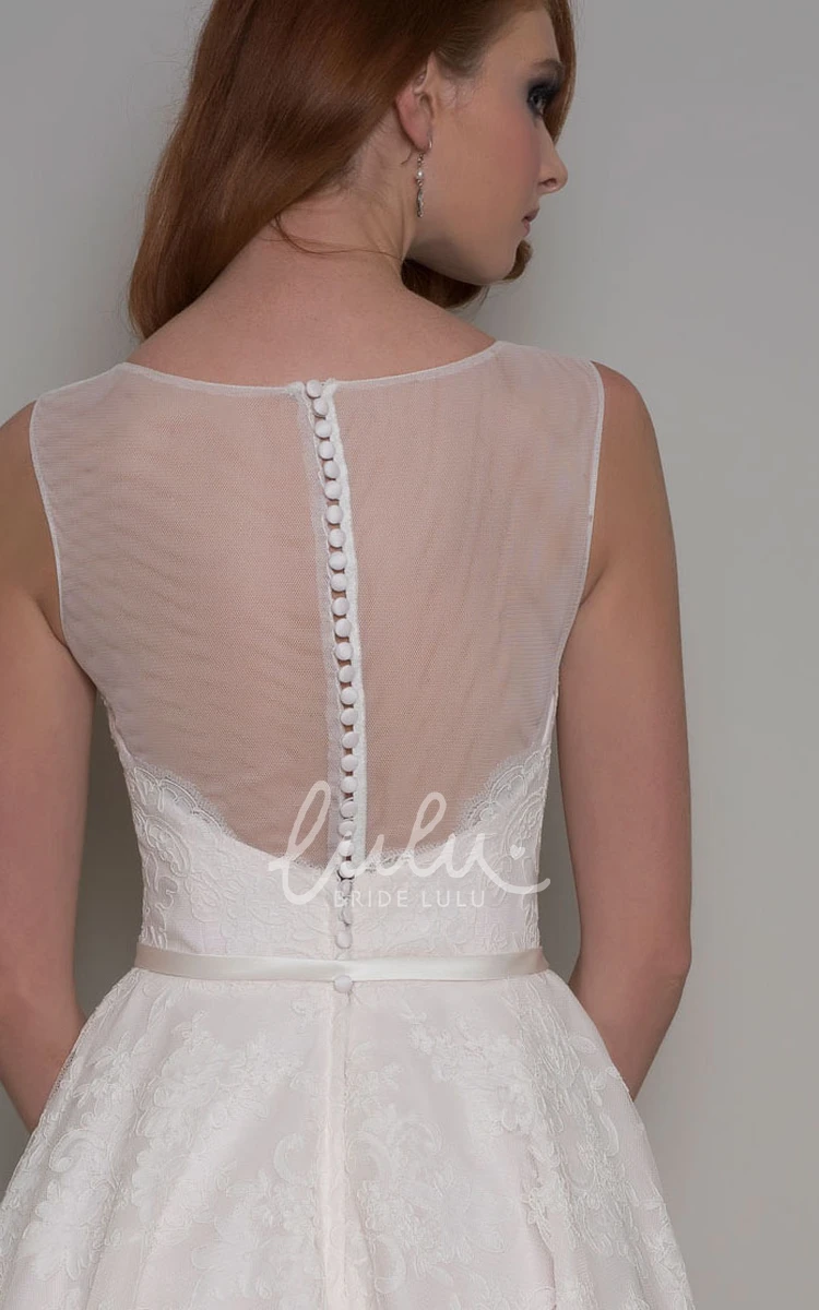 A-Line Sleeveless Lace Wedding Dress with Illusion Back Long Appliqued