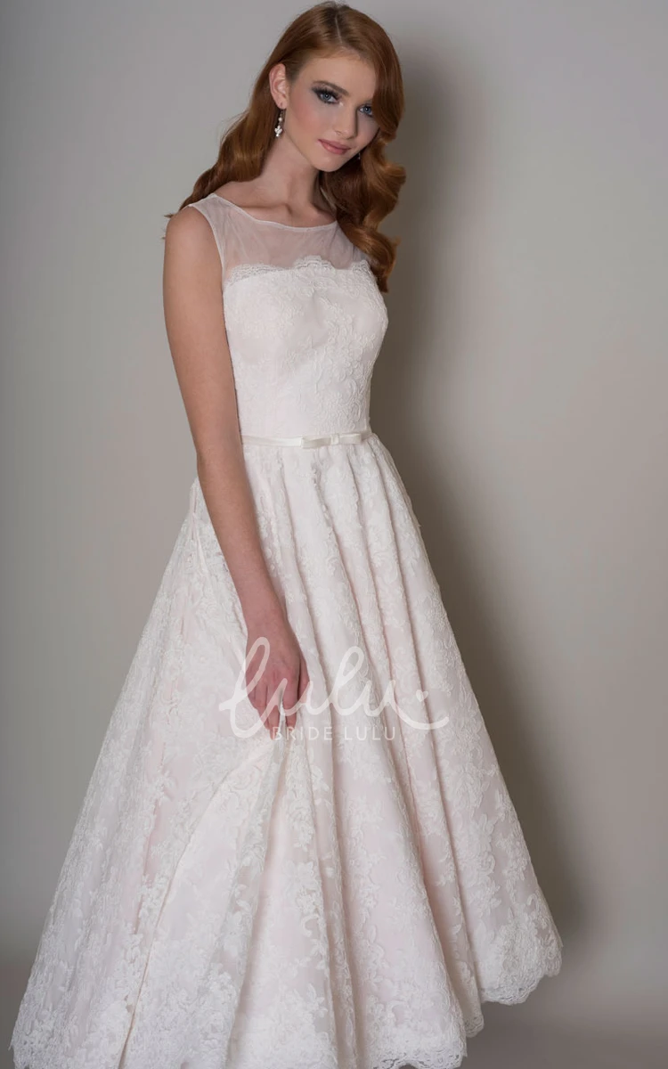 A-Line Sleeveless Lace Wedding Dress with Illusion Back Long Appliqued