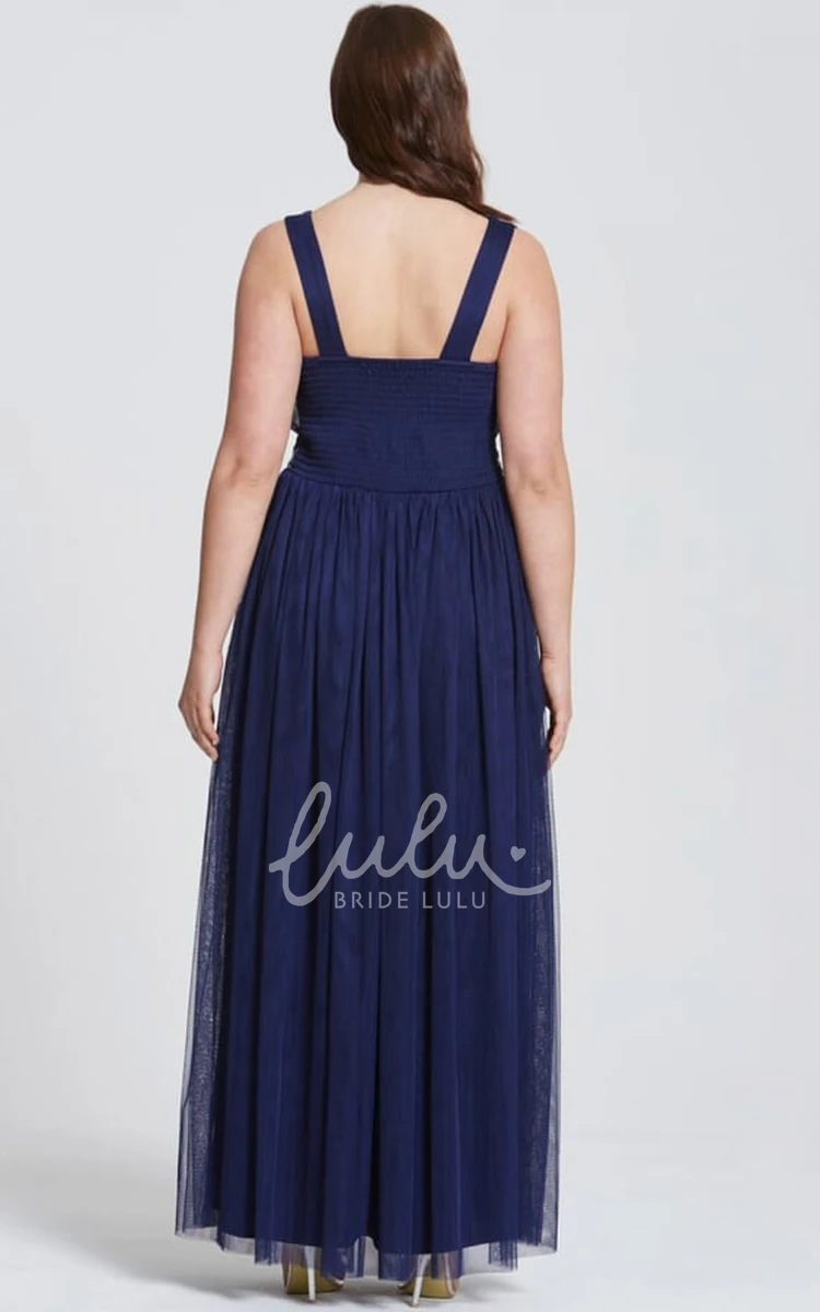 Ankle-Length Tulle Bridesmaid Dress with Sleeveless Design and Ruched Detail