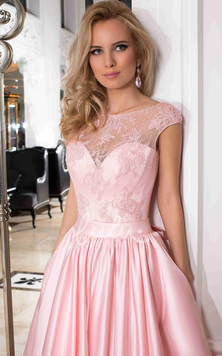A-Line Satin Lace Bow Formal Dress with Floor-Length and Cap Sleeves