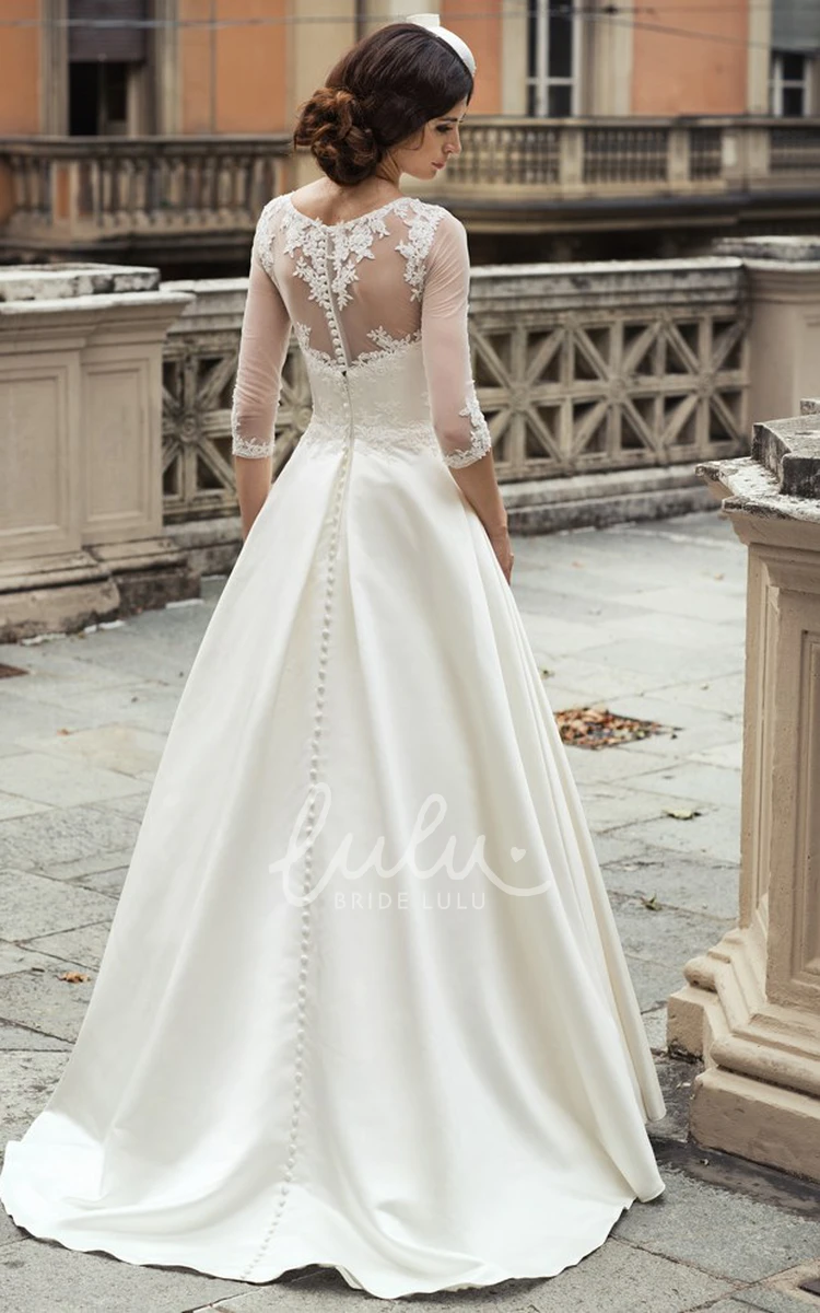 Satin&Lace A-Line Wedding Dress with 3/4 Sleeves and Scoop Neck