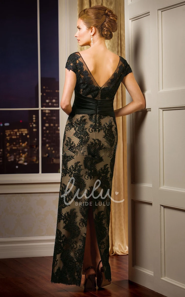 Long Mother of the Bride Dress with Cap Sleeves Appliques and V-Back Elegant Formal Dress