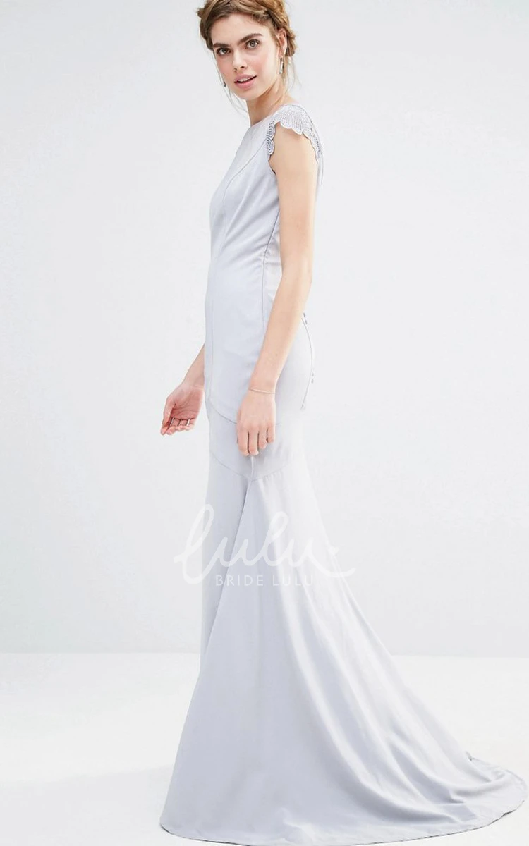 Chiffon Bridesmaid Dress with Brush Train Sheath Jewel Neck Short Sleeve