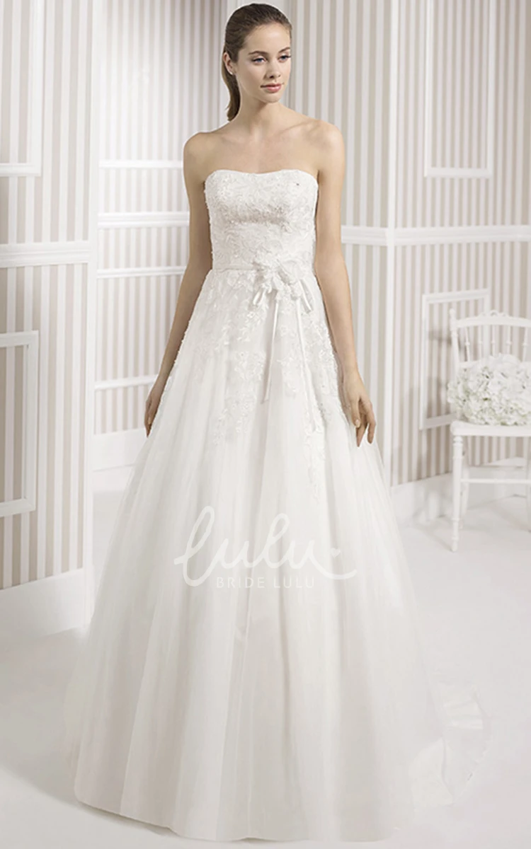 Strapless Sleeveless A-Line Wedding Dress with Appliques and Backless Style