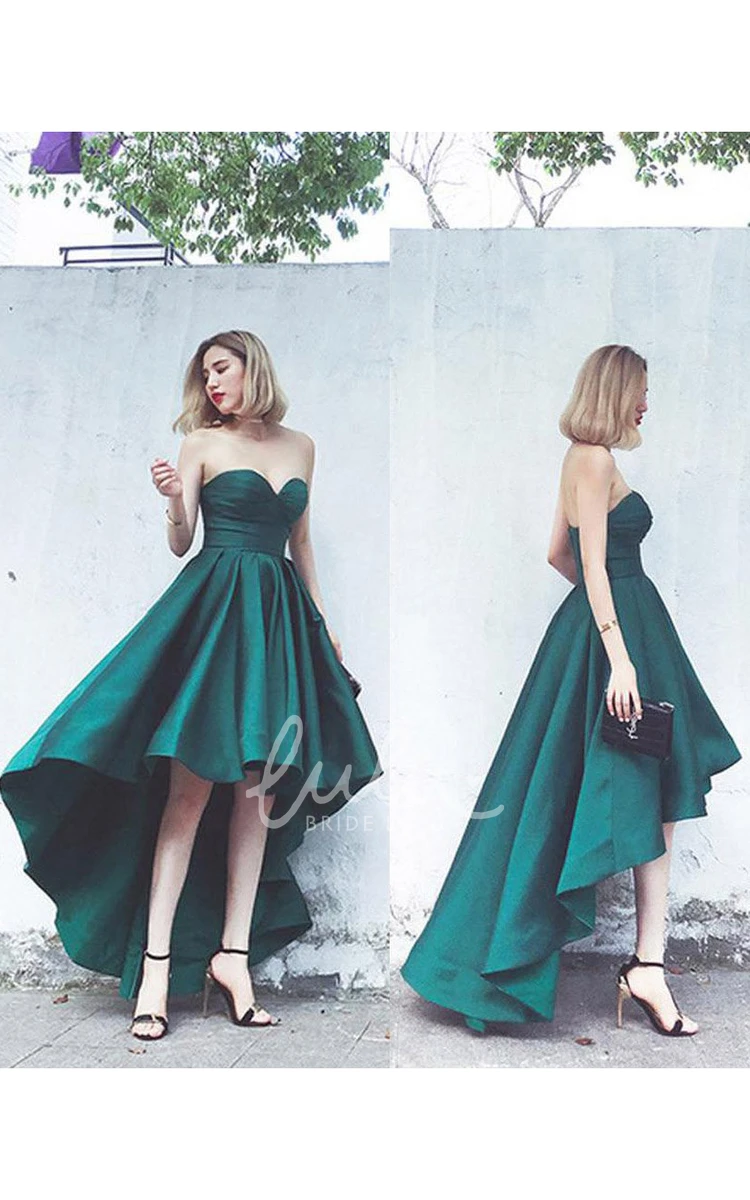 Sexy Strapless Satin High-Low Gown with Ruching Unique Prom Dress