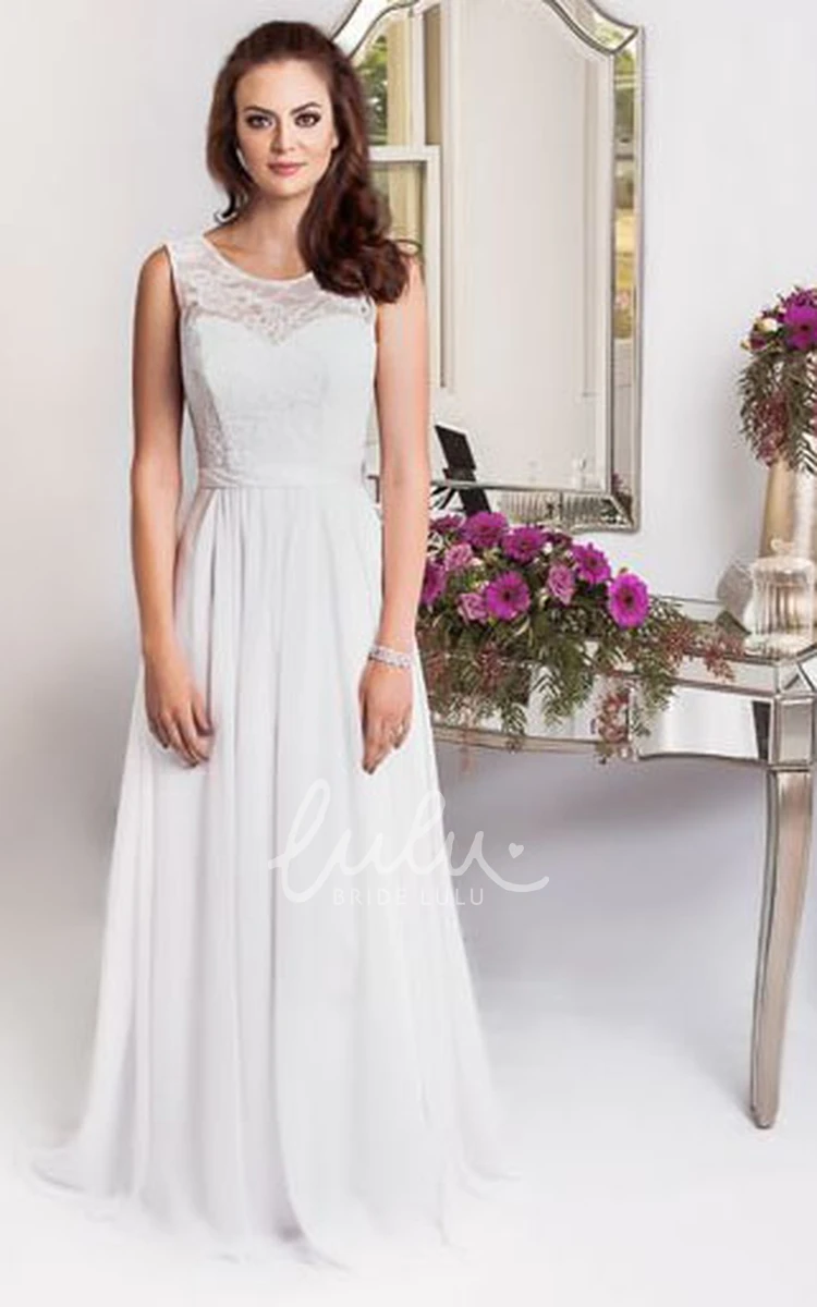 Chiffon and Lace Wedding Dress with Lace-Up Back Sleeveless Sheath Style Maxi Gown