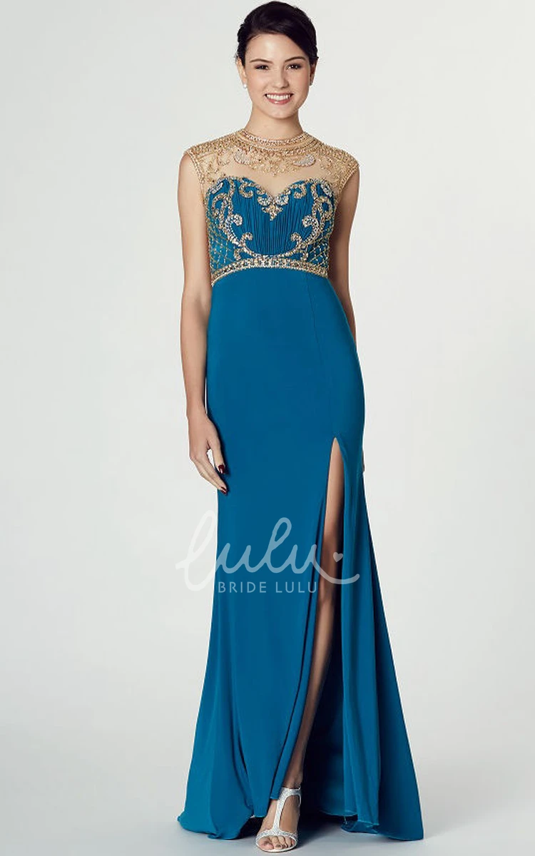 Long Cap-Sleeve Sheath Jersey Prom Dress Unique Formal Gown with Illusion Back and Split Front