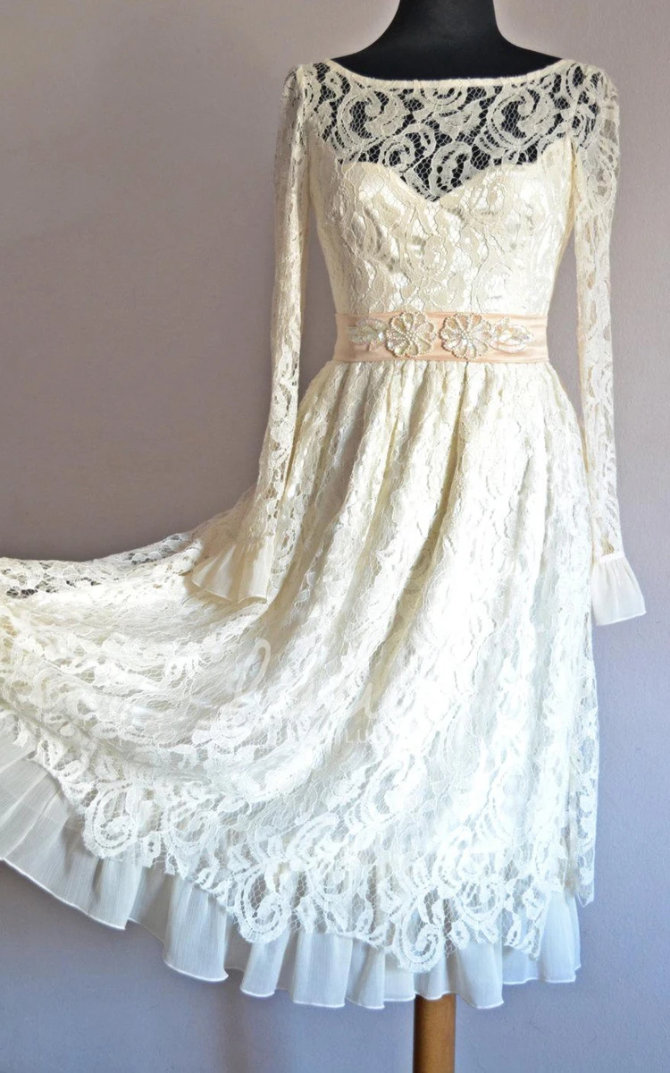 Bateau Lace Illusion Sleeve Deep-V Back Wedding Dress with Sequin Sash