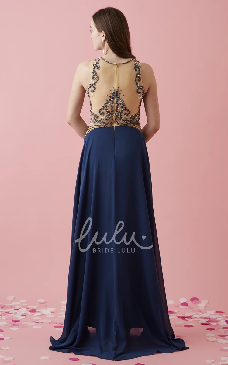 Long Chiffon Illusion Dress with Beading A-Line Scoop-Neck