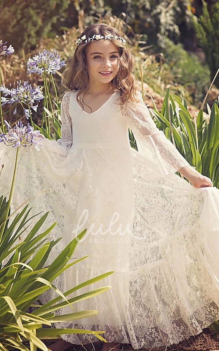 Boho Lace Flower Girl Dress with Bell Sleeves and Simple Design