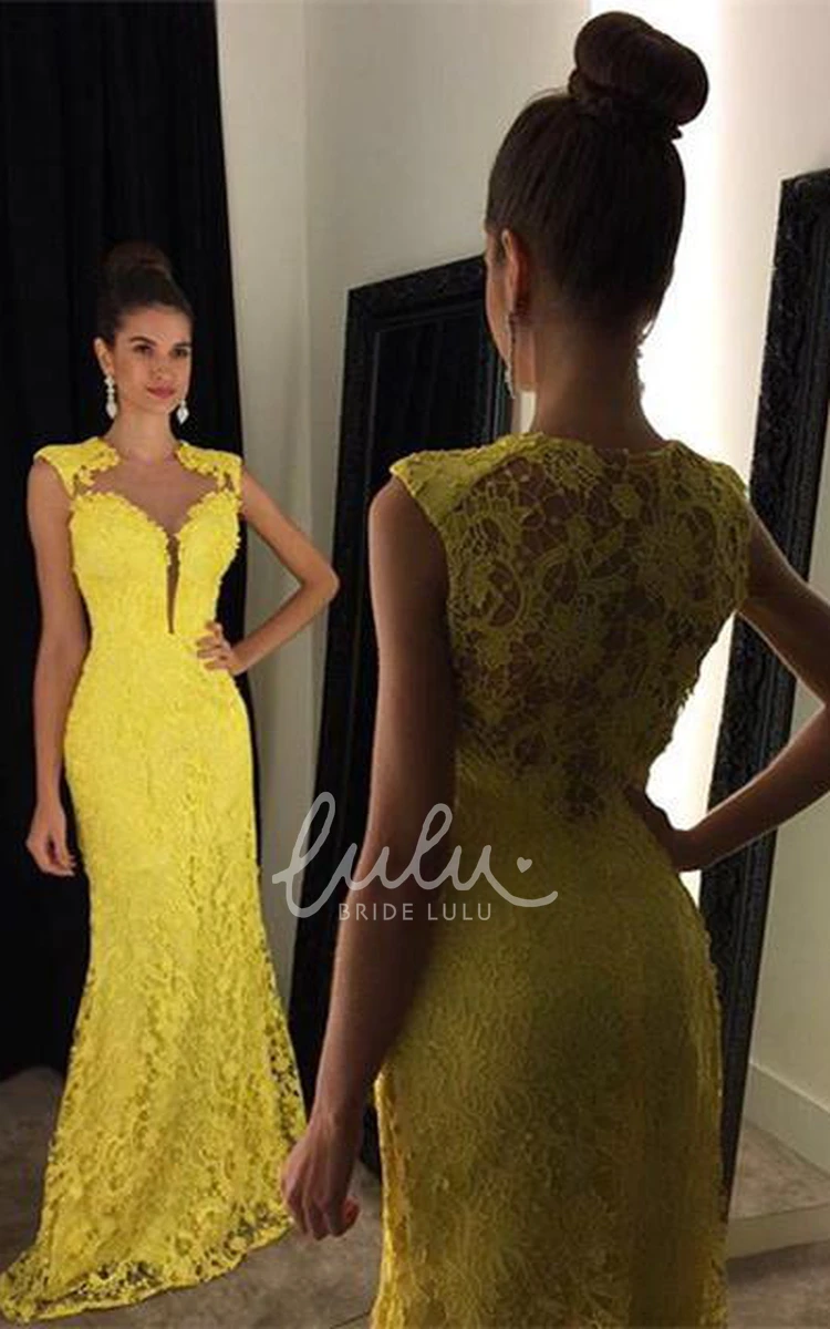 Yellow Lace Mermaid Prom Dress with Sweep Train