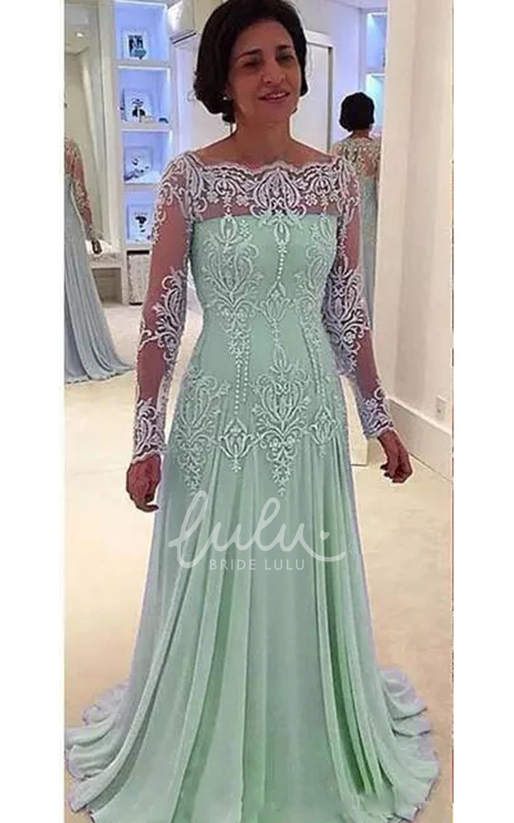 Chiffon Lace Mother of the Bride Dress A-line Floor-length Long Sleeve Bateau Pleated