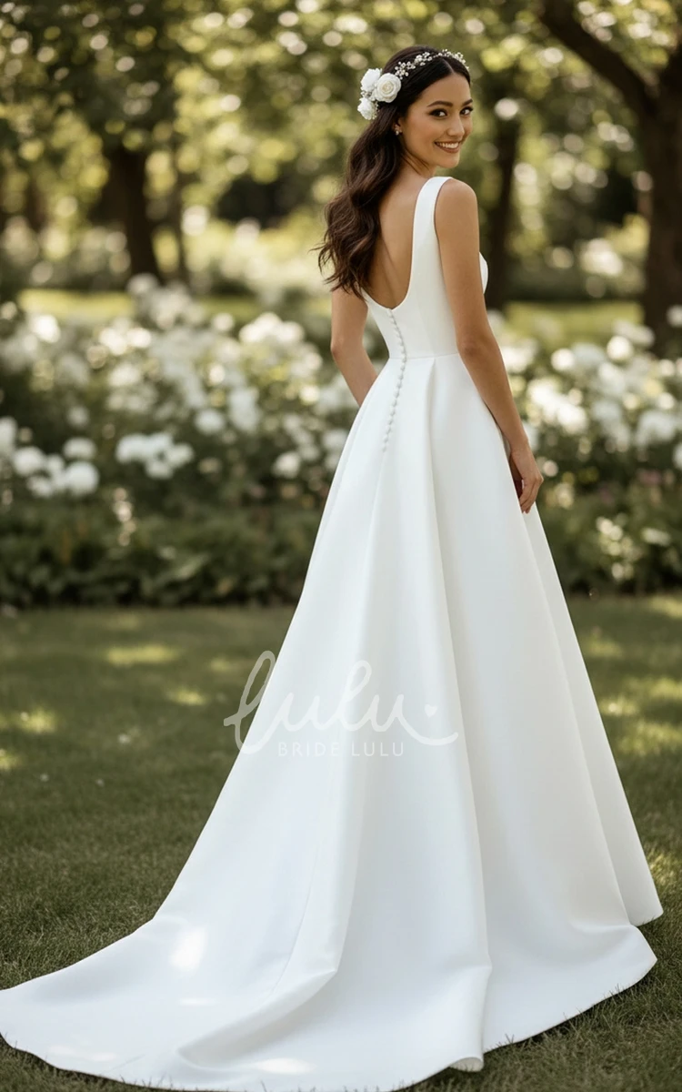 Modern Simple Square Neck Wedding Dress A-Line Sleeveless Satin Bridal Gown