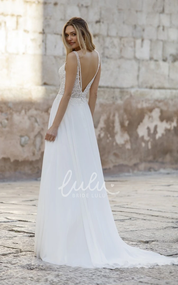 Plunging V-neck Sheath Lace Sexy Floor-length Wedding Dress with Sweep Train