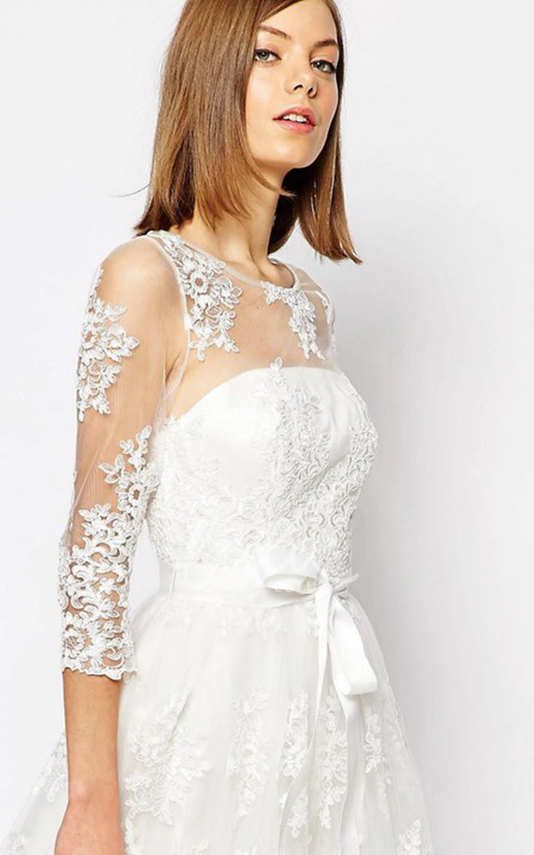 Scoop-Neck A-Line Lace Wedding Dress Short-Sleeve Keyhole Bride Gown