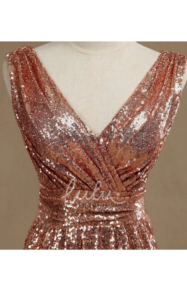 Rose Gold V-Neck Bridesmaid Dress Full Length Luxury Women's