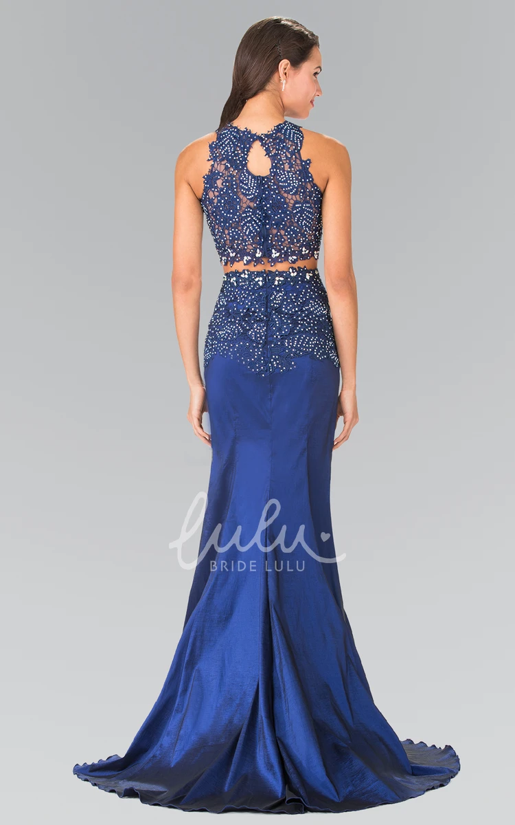 Two-Piece Mermaid Satin Illusion Prom Dress with Appliques and Beading