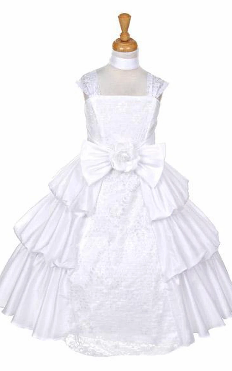 Floral Ankle-Length Flower Girl Dress with Bowed Lace and Taffeta