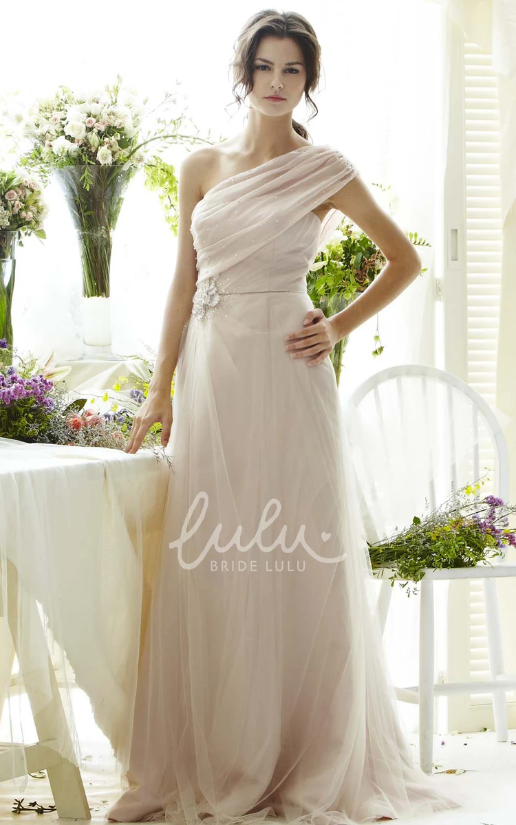 One-Shoulder Jeweled Sleeveless Tulle Prom Dress Flowy Prom Dress