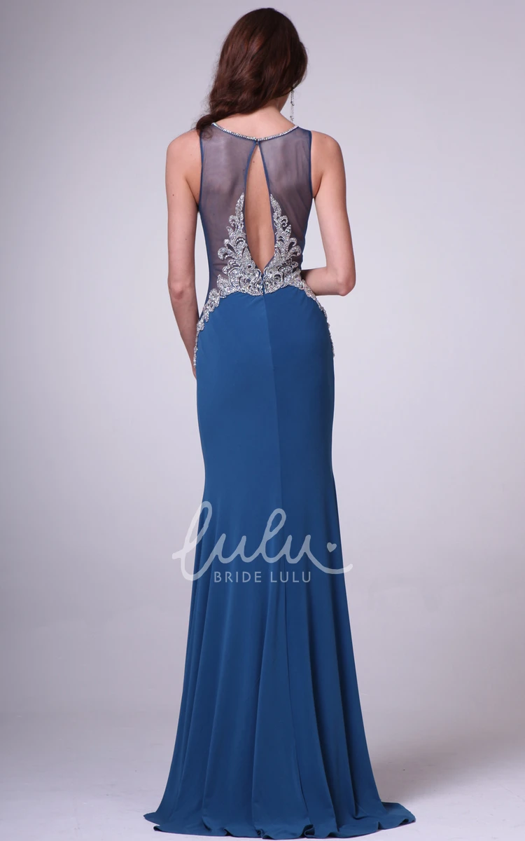 Beaded Sleeveless Sheath Jersey Formal Dress with Illusion Neckline