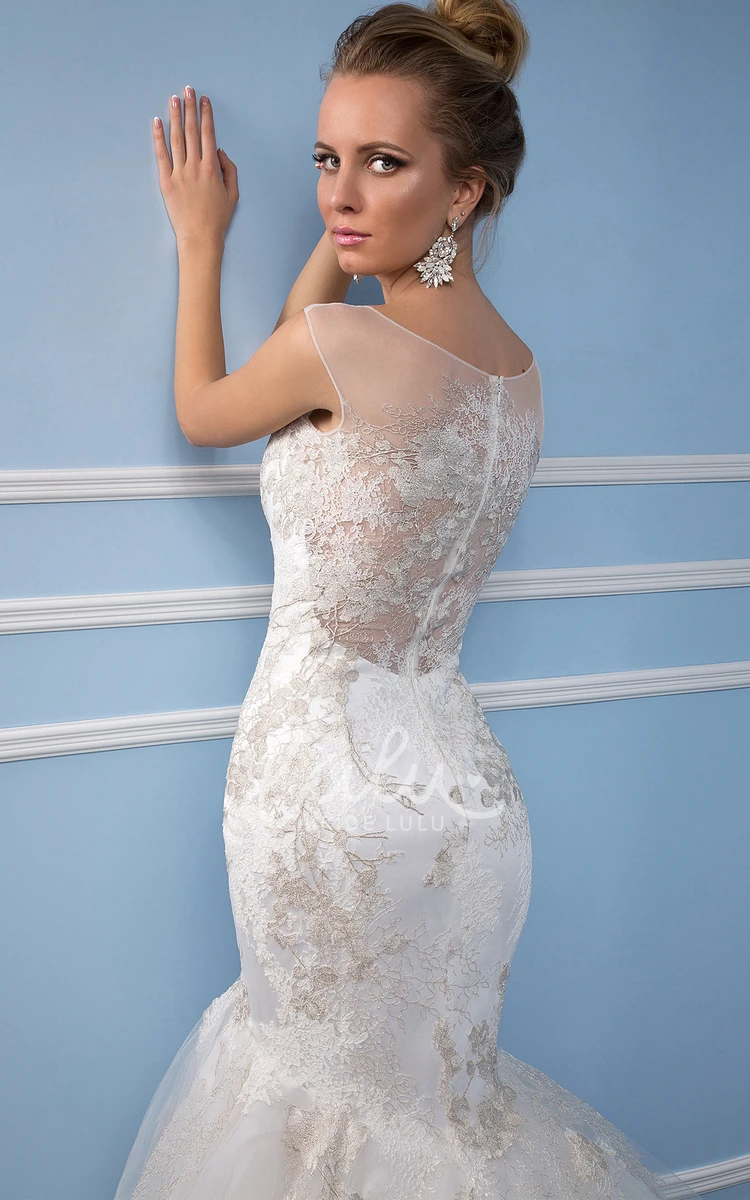 Sleeveless Trumpet Tulle Wedding Dress with Illusion Back and Ruffles Bateau Neckline Bridal Gown