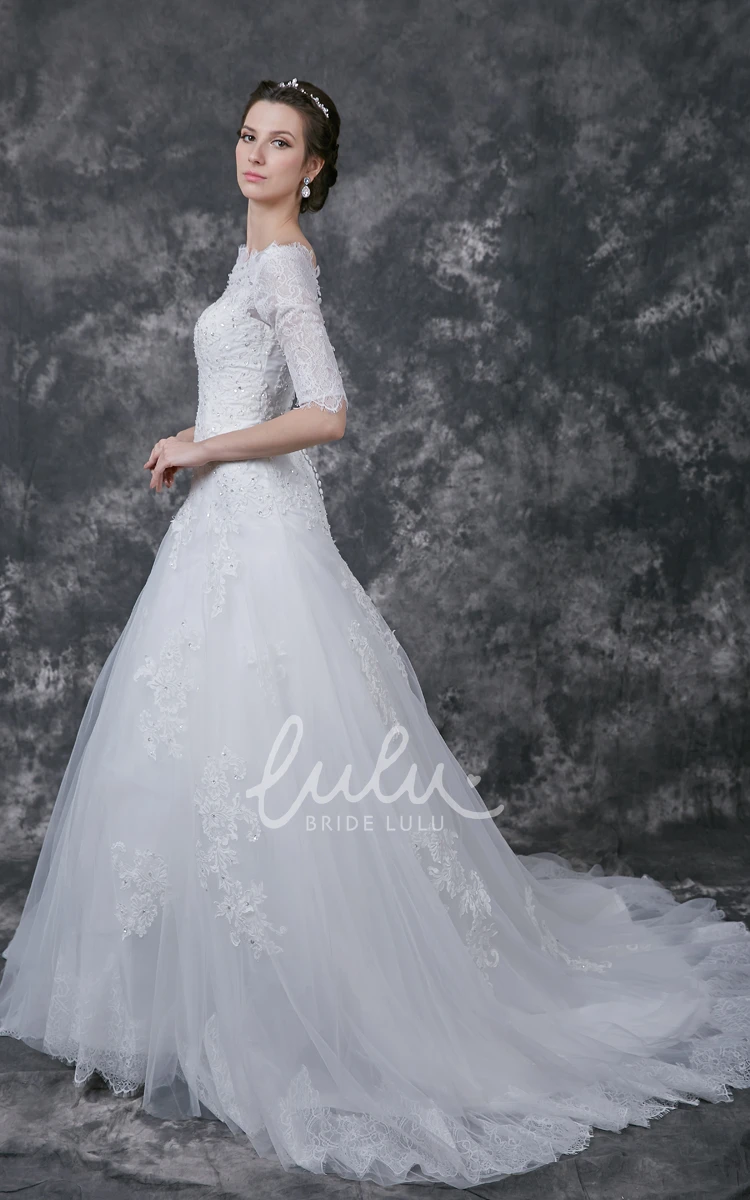 A-line Tulle Gown with Lace Appliques and Beading Half Sleeves