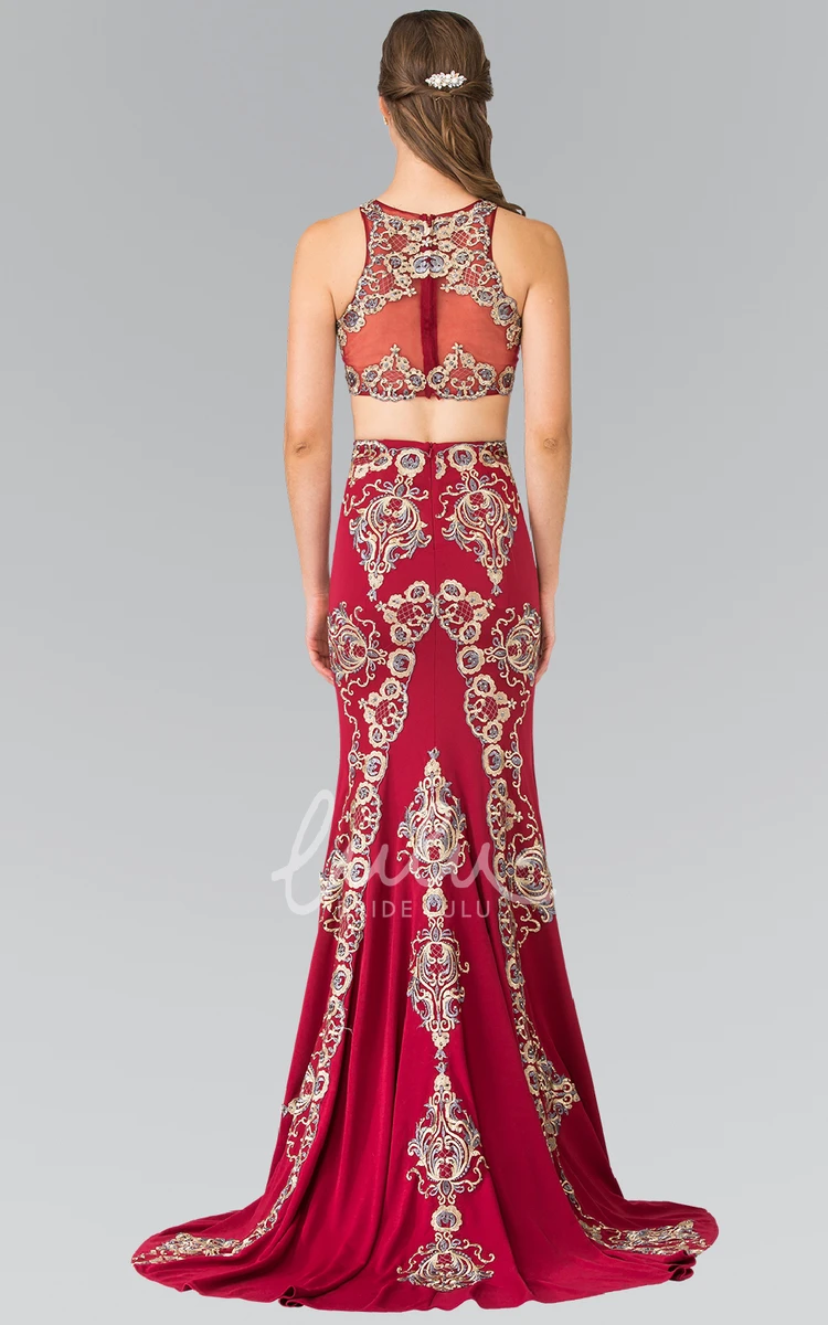 Two-Piece Jersey Illusion Prom Dress with Appliques Sheath Maxi Jewel-Neck