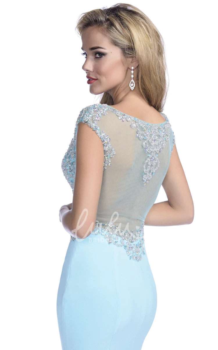 Mermaid Jersey Cap Sleeve Prom Dress Rhinestone Court Train Women's Modern