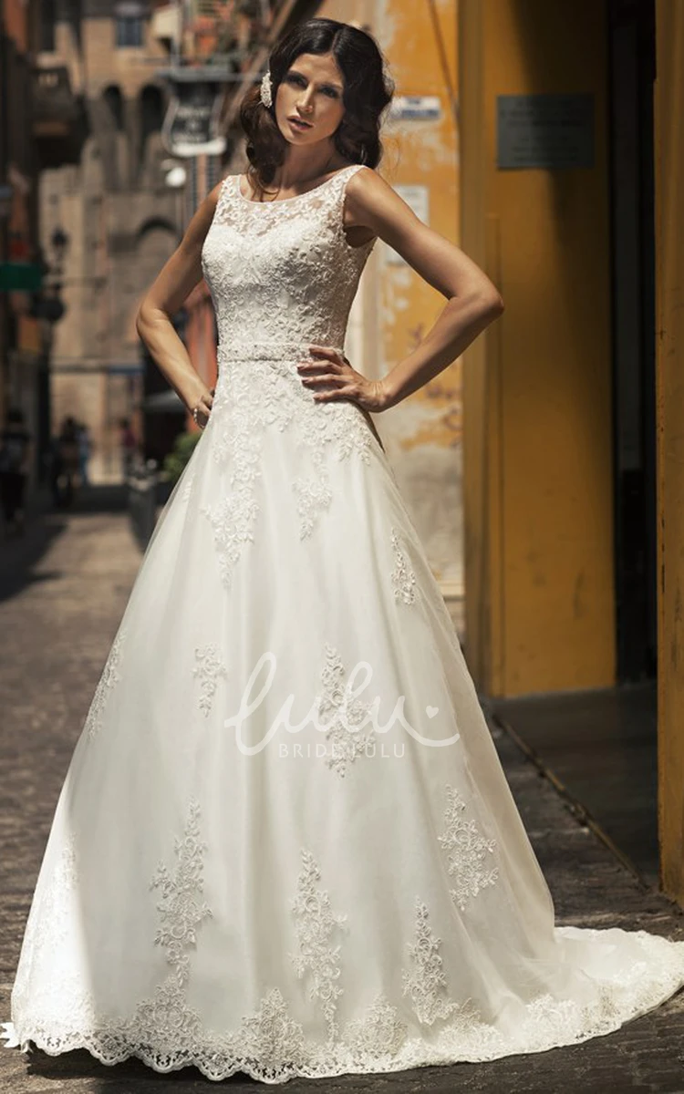 Satin&Lace A-Line Wedding Dress with Scoop Neck and Beaded Floor-Length