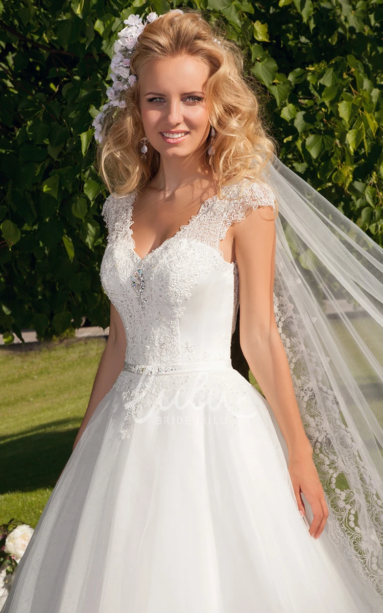 V-Neck Appliqued Tulle Maxi Wedding Dress with Beading Unique Bridal Gown