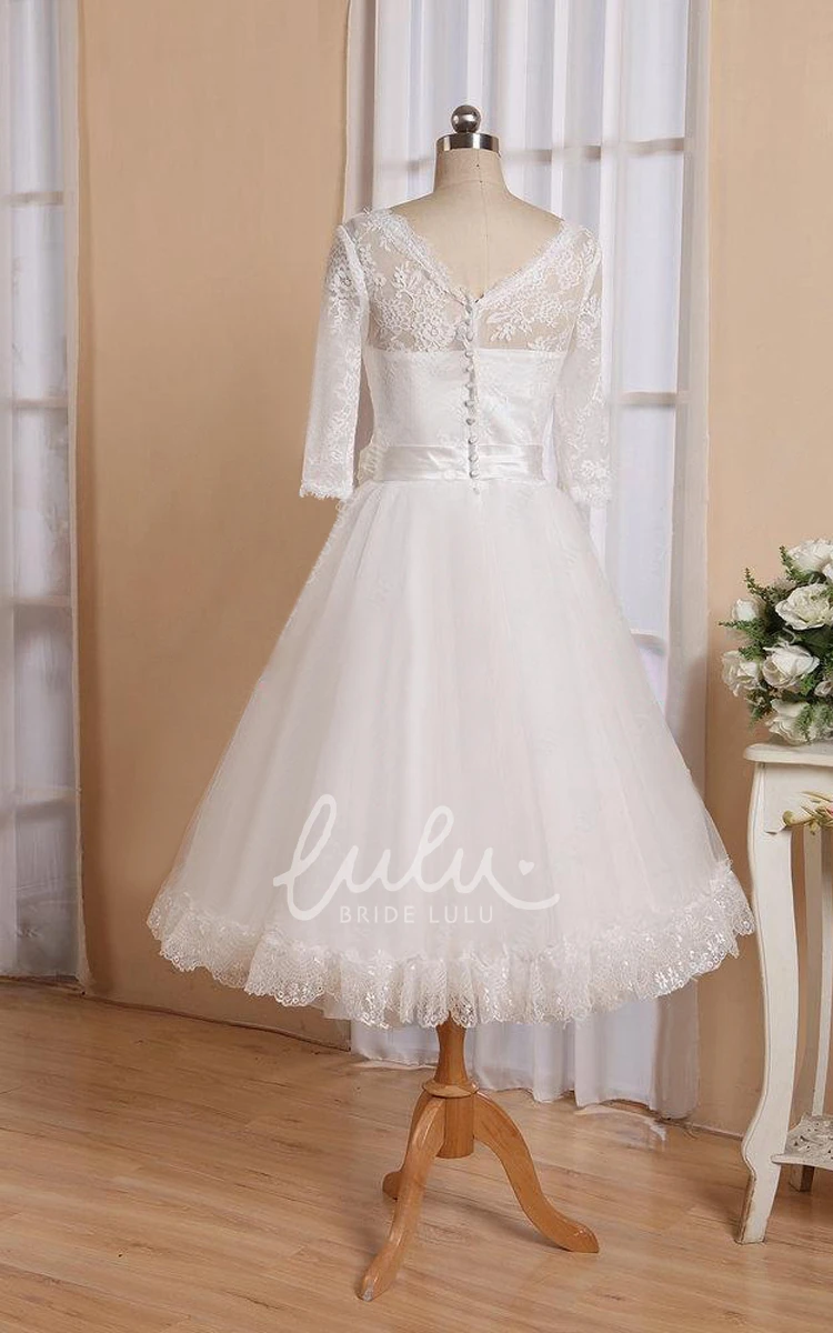 Button Back Tulle Wedding Dress Half Sleeve V-Neck with Sash and Flower