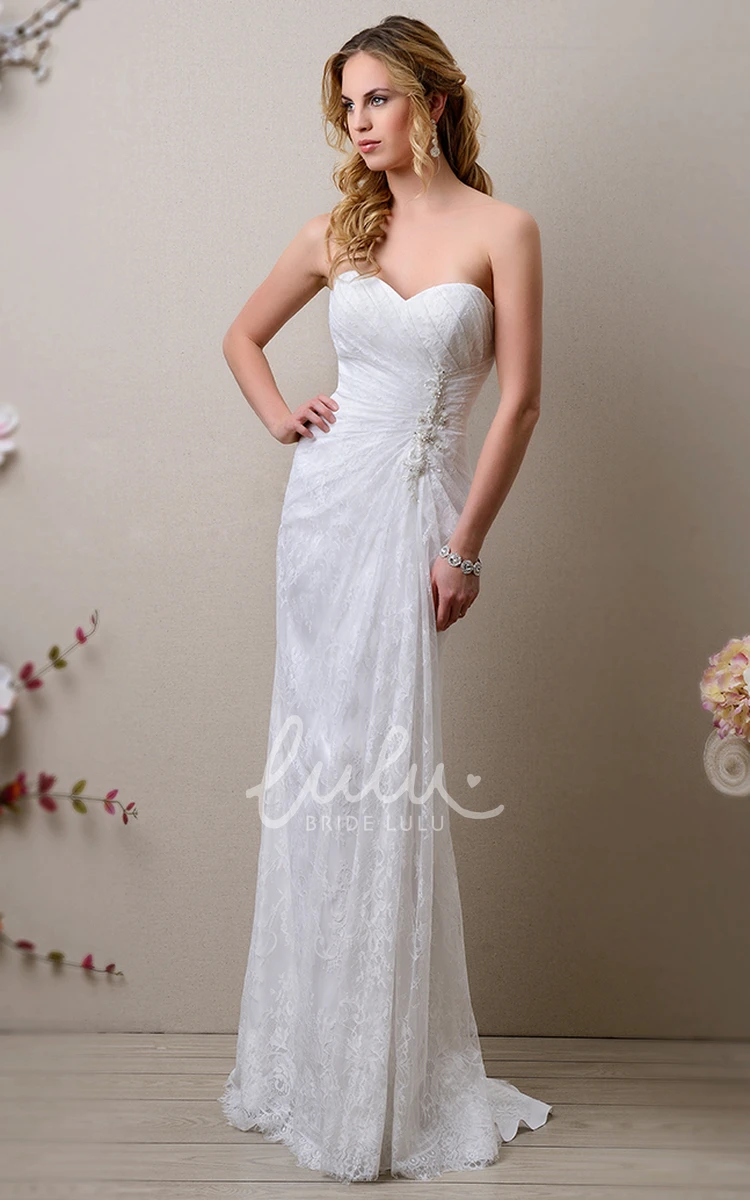 Sweetheart Lace Column Gown with Beadwork and Side Draping