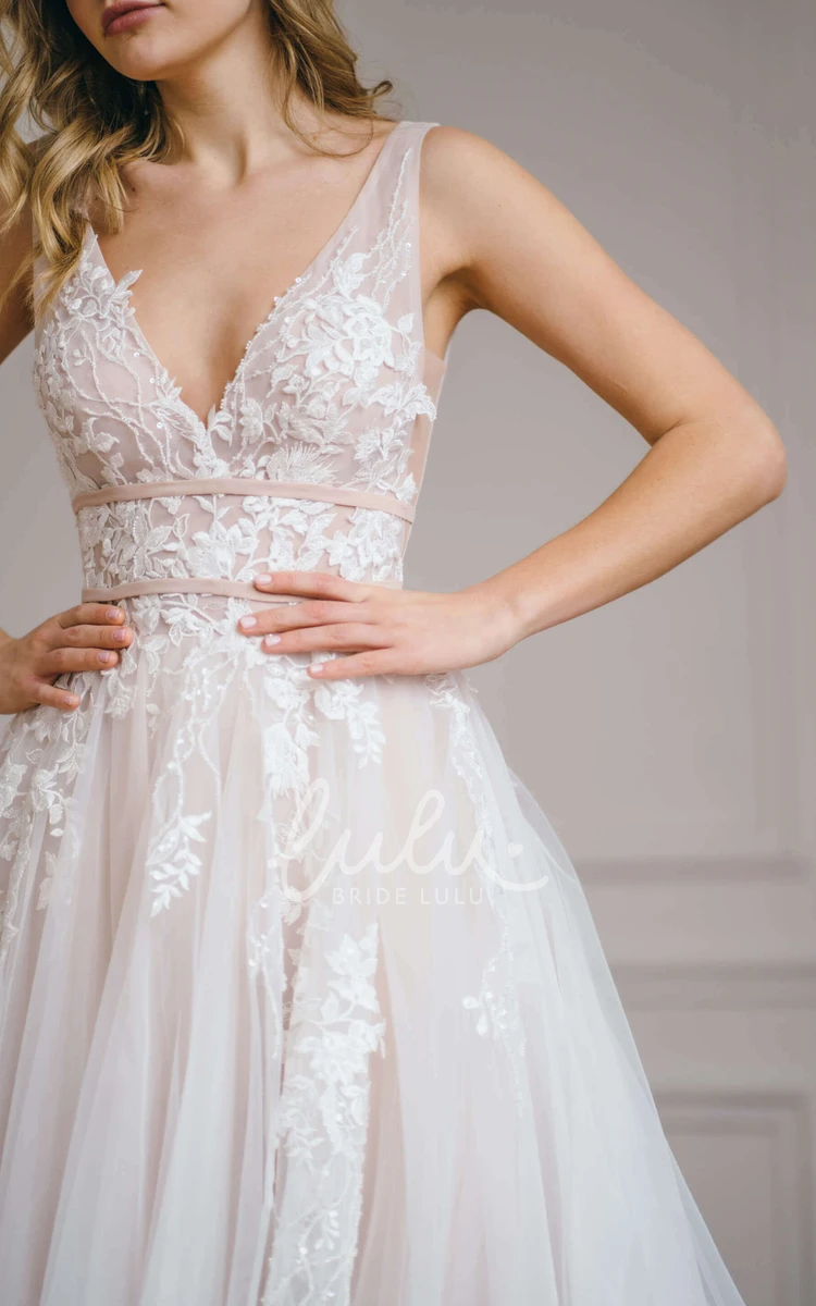 Tulle V-Neck A-Line Wedding Dress with Floor-Length & Bow