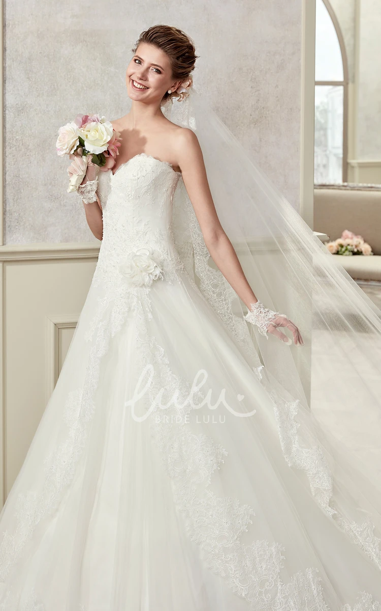 Ruched A-Line Wedding Dress with Floral Waist and Lace-Up Back