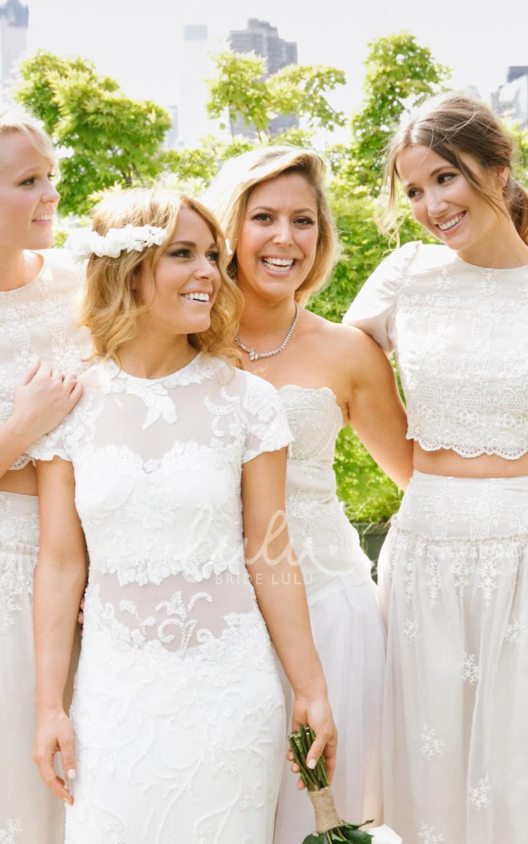 White Lace A-line Bridesmaid Dress with Short Sleeves