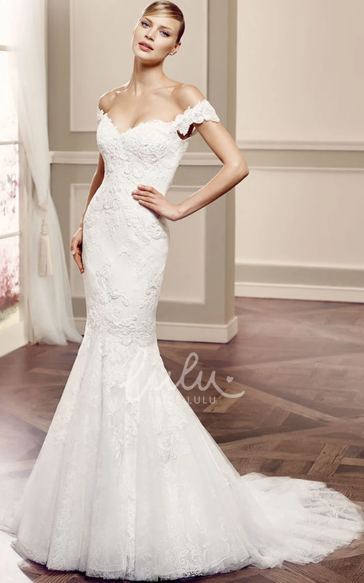 Off-The-Shoulder Lace Wedding Dress with Court Train and V Back Modern Bridal Gown