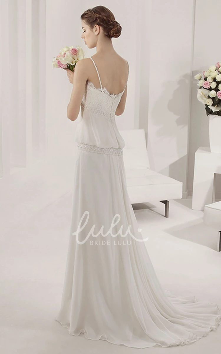 A-Line Chiffon Wedding Dress with Spaghetti Straps Scalloped Neckline and Unique Lace Design