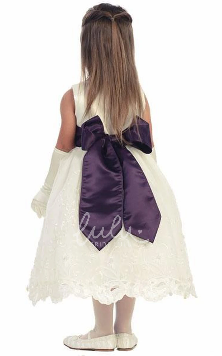 Flower Girl Dress Tea-Length Floral Organza & Satin Embroidered Tiered